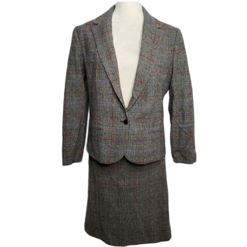 VINTAGE 80s skirt set dark academia wool plaid one button blazer suitM - Picture 1 of 16